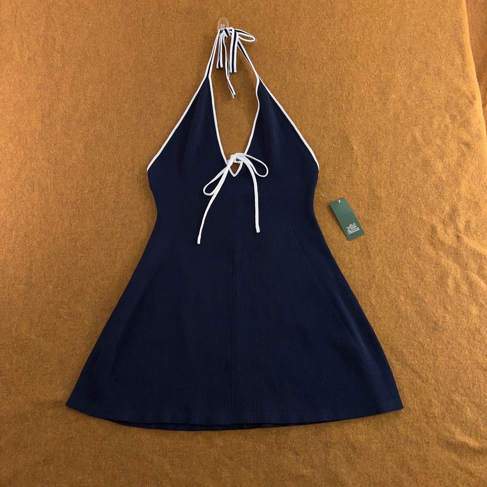 Wild Fable Womens Large Navy Blue Ribbed Knit Halter Tie Front Mini Dress NWT